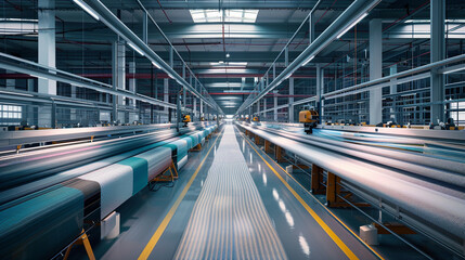 Modern textile factory weaving smart fabrics, integrating technology into wearable materials.
