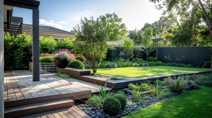 Foto op Canvas Residential Backyard With Wooden Deck, Grass, and Trees © Prostock-studio