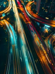 Fototapeta na wymiar Vibrant Aerial View of Bustling Nighttime Traffic on Multilane Expressway Interchange in Thriving Metropolis