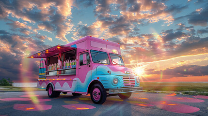 low angle view of colorful ice cream truck outdoors, sunny summer day, fun outdoor food