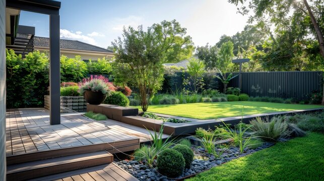 Residential Backyard With Wooden Deck, Grass, and Trees