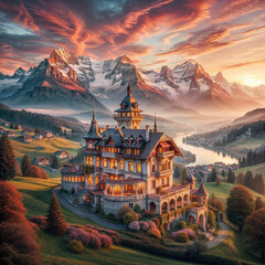 Obraz premium swiss village in the mountains, landscape of sunset with lake and clouds