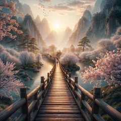 Foto op Canvas Sunset over the wood bridge in a chinese landscape with lake and trees © Lgs