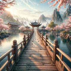 Sunset over the wood bridge in a chinese landscape with lake and trees