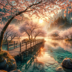 Sunrise over the river, chinese landscape and natural lake