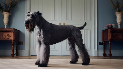 Irish Beauty, A Kerry Blue Terrier in European Homes. Generated AI