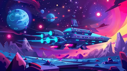 A cartoon 2D GUI landscape for a space game level map, complete with a spaceship and alien planets, suitable for computer or mobile arcades with platforms and bonus items
