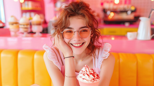 smiling happy caucasian young woman having a tasty smoothie at a colorful retro restaurant, summer vibes, spring vibes