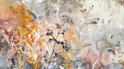 Abstract art: plants, flowers, golden grain. Freehand. Oil on canvas. Brush the paint. Modern art: plants, flowers, wallpaper, posters, cards, murals, carpets, hangings....