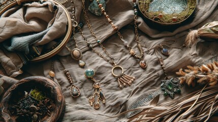Artistic flat lay of handmade jewelry, including necklaces, bracelets, and rings, crafted from recycled materials and natural stones, displayed on textured fabric created with Generative AI Technology - obrazy, fototapety, plakaty