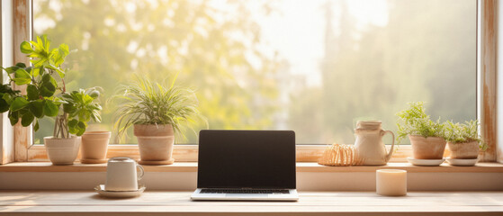 Laptop on the windowsill in the morning. Work from home concept
