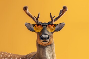 a reindeer with sunglasses on colored unicolor background