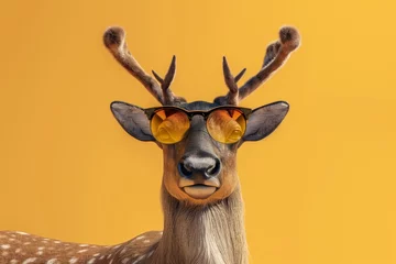 Plexiglas foto achterwand a reindeer with sunglasses on colored unicolor background © Thibaut Design Prod.