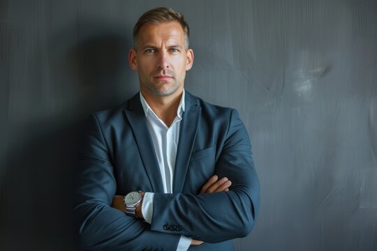 portrait of an experienced executive leader, man, age range 35-44 years, formally dressed in business attire, confident and intelligent expression