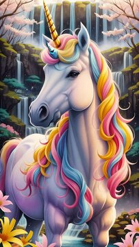close-up portrait of a unicorn against the backdrop of a waterfall