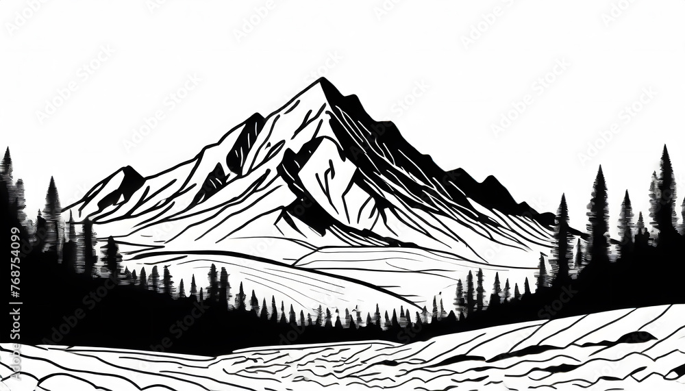 Poster one continuous line drawing of mountain range landscape. web banner with mounts in simple. generativ