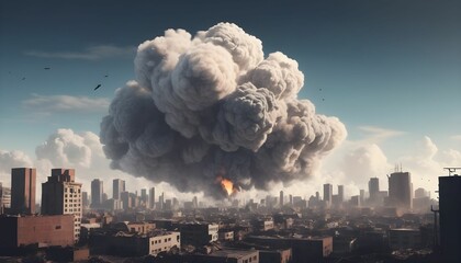 Nuclear bomb into a city with large scale destruction smog of bomb with smog clouds and sky with vector illustration style - obrazy, fototapety, plakaty