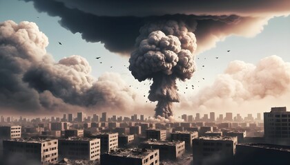 Nuclear bomb into a city with large scale destruction smog of bomb with smog clouds and sky with vector illustration style - obrazy, fototapety, plakaty