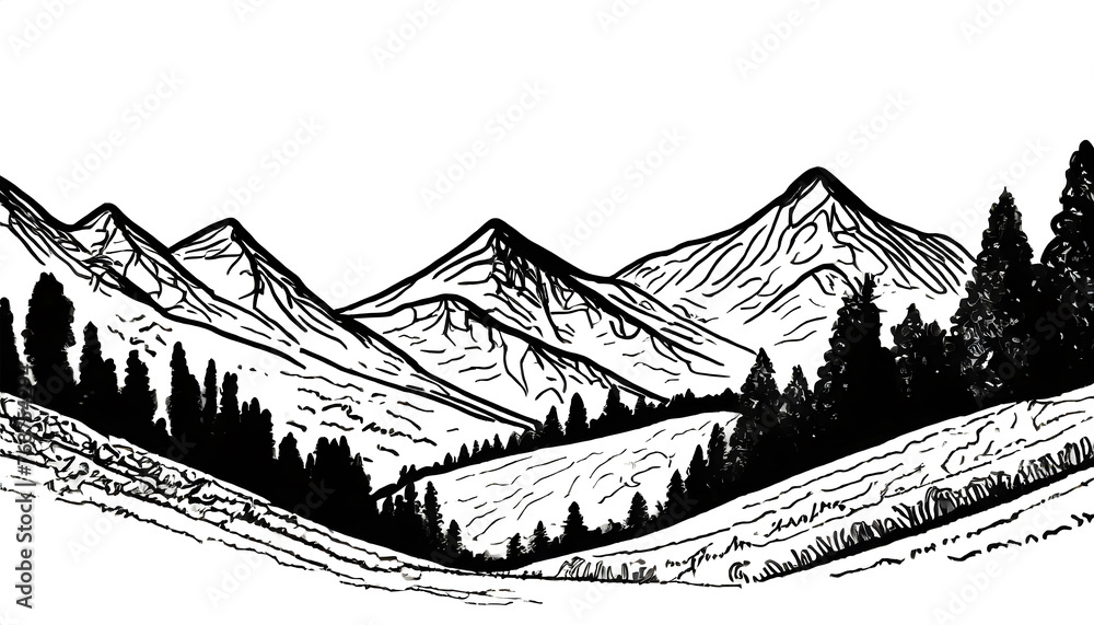 Poster one continuous line drawing of mountain range landscape. web banner with mounts in simple. generativ