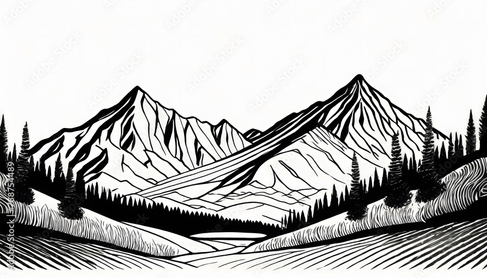 Poster one continuous line drawing of mountain range landscape. web banner with mounts in simple. generativ