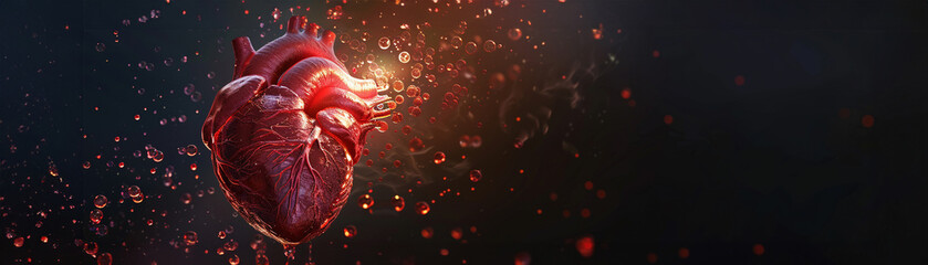 Realistic 3D heart with arteries in a dark space, highlighted oxygen molecules, top view - obrazy, fototapety, plakaty