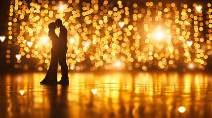 a couple stands lovingly in front of a huge string of lights and with blurred bokeh. - obrazy, fototapety, plakaty
