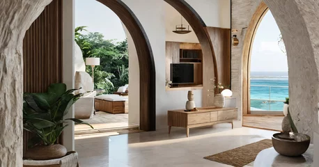 Gordijnen photo of Modern take on upscale bali inspired small condo white cream stone, light wood round arches interior view of entryway with storage © babarkhan
