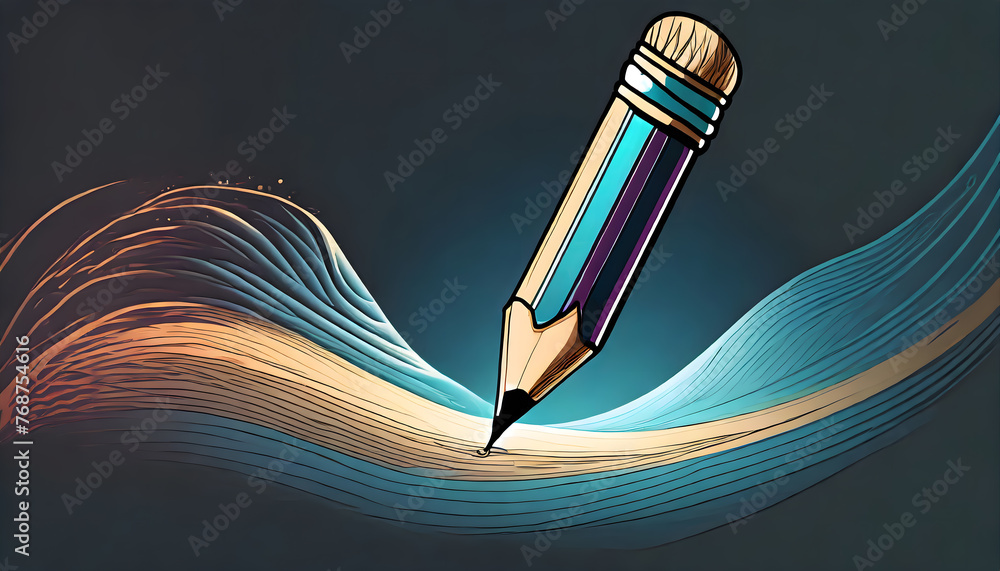 Poster one continuous line drawing of pen writing wave thin stroke. pencil symbol of study and educ. genera