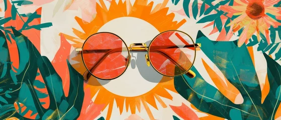 Schilderijen op glas Summer merch with 70s Groovy Style Flowers, Sunglasses and Sun. Isolated lettering slogan print with hippie style flowers, sunglasses and sun. © Mark
