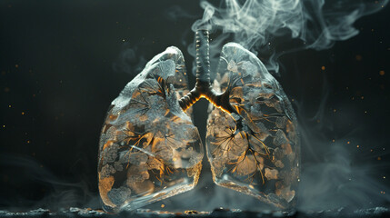 Realistic 3D render of lungs affected by smoking, dim ambient light, front angle