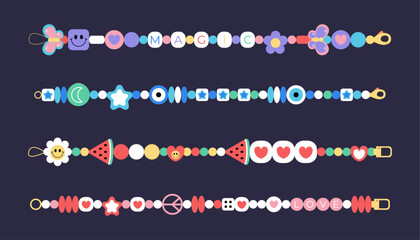 Сartoon handmade friendship beads bracelets collection. Retro design accessories with letters, heart, butterfly, happy flowers. Vector