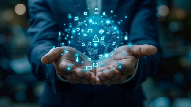 Glowing blue planet Earth with network symbols in businessman's hands