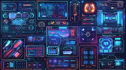 A collection of HUD frames, encapsulating futuristic modern user interface elements, control panels, high-tech screen digital hologram windows, gaming menus, and more - obrazy, fototapety, plakaty