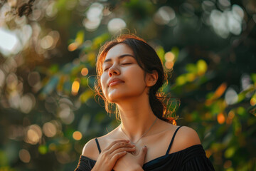 An enchanting shot of a woman standing outdoors, her eyes closed and hands placed on her heart area in a deep breathing pose with a serene expression during sunrise