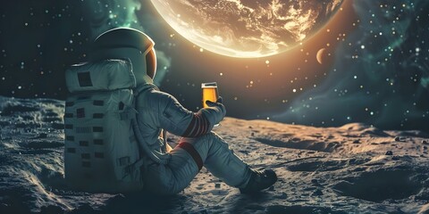Digital artwork of an astronaut enjoying a beer on the moon while gazing at Earth. Concept Space exploration, Astronauts, Lunar landscapes, Earth from space, Beer on the moon