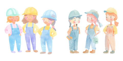 worker girls watercolour vector illustration