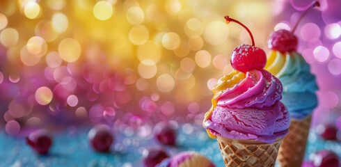 Delicious Ice Cream Cone With Cherry on Top - obrazy, fototapety, plakaty