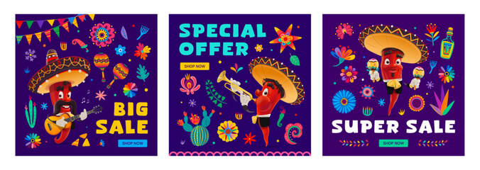 Cinco de mayo holiday sale banners, special offer and super big sale. Vector square promotional cards or social media posts with red hot jalapeno, chili, guindilla mariachi pepper musician characters