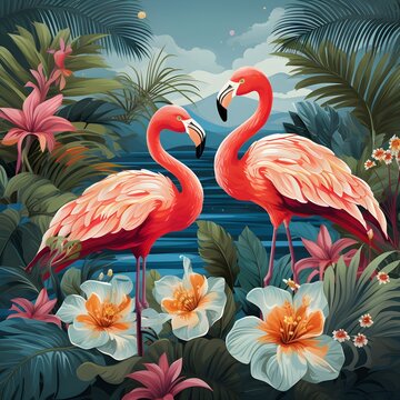 Two pink flamingos in the lake with Tropical flowers wallpaper, invitation, card, banner