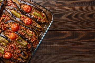 Traditional Turkish Cuisine. Turkish dish eggplant with minced meat Karniyarik