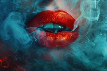 a close up of a lips with smoke