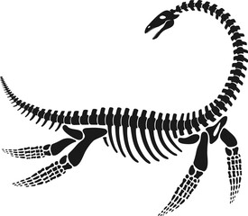 Dinosaur skeleton fossil or Plesiosaurus dino bones, vector Jurassic reptile. Marine dinosaur lizard or archeology fossil skeleton of extinct reptile Plesiosaurus with bones silhouette imprint