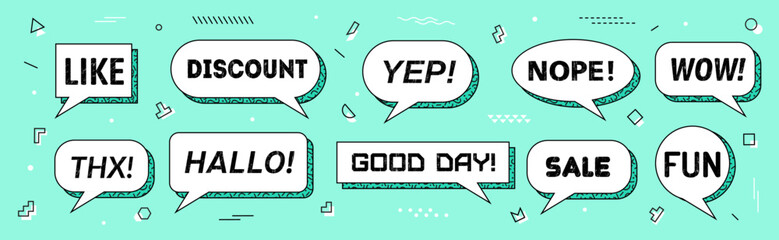 Memphis speech bubbles isolated vector set. White dialog boxes or clouds with thick outlines and dynamic visual typography like, discount, yep or nope. Wow, thx, hallo and good day, sale and fun - obrazy, fototapety, plakaty