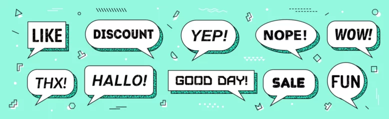 Fotobehang Memphis speech bubbles isolated vector set. White dialog boxes or clouds with thick outlines and dynamic visual typography like, discount, yep or nope. Wow, thx, hallo and good day, sale and fun © Vector Tradition