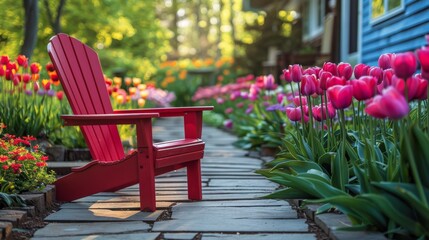 Red Chair in Front of Flowers