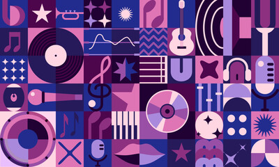 Obraz premium Music geometric abstract poster or modern banner with pattern, vector background. Geometric bauhaus music shapes, guitar or vinyl and CD disc, retro microphone or piano keys and loudspeaker