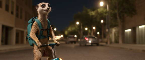 Fototapeta na wymiar A cartoon meerkat from the Limur species on a scooter with a backpack on its back rides through the city at night