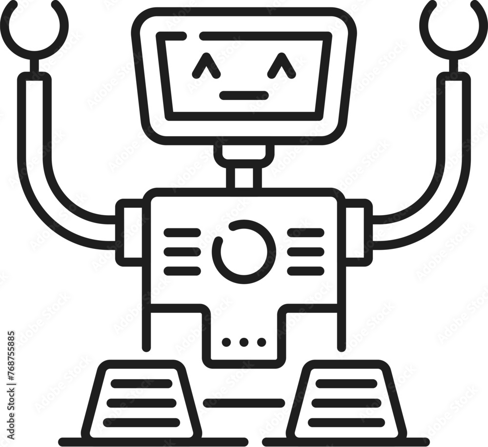 Poster Robot line and outline icon. Isolated vector metallic automaton symbol, representing a bot. Mechanical sign of cyborg machine, embodying technology, futuristic innovation, and artificial intelligence