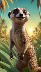 Cartoon meerkat in the tropical forest among green palm trees