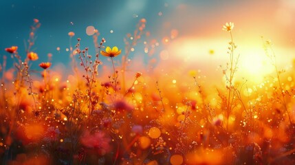 Field of Flowers Bathed in Sunlight - obrazy, fototapety, plakaty